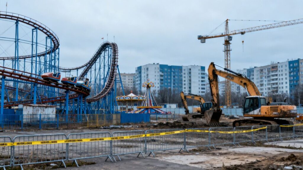 Closed amusement park with construction for new apartments.