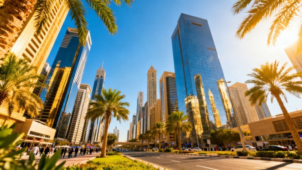 Florida skyline with modern buildings and palm trees.