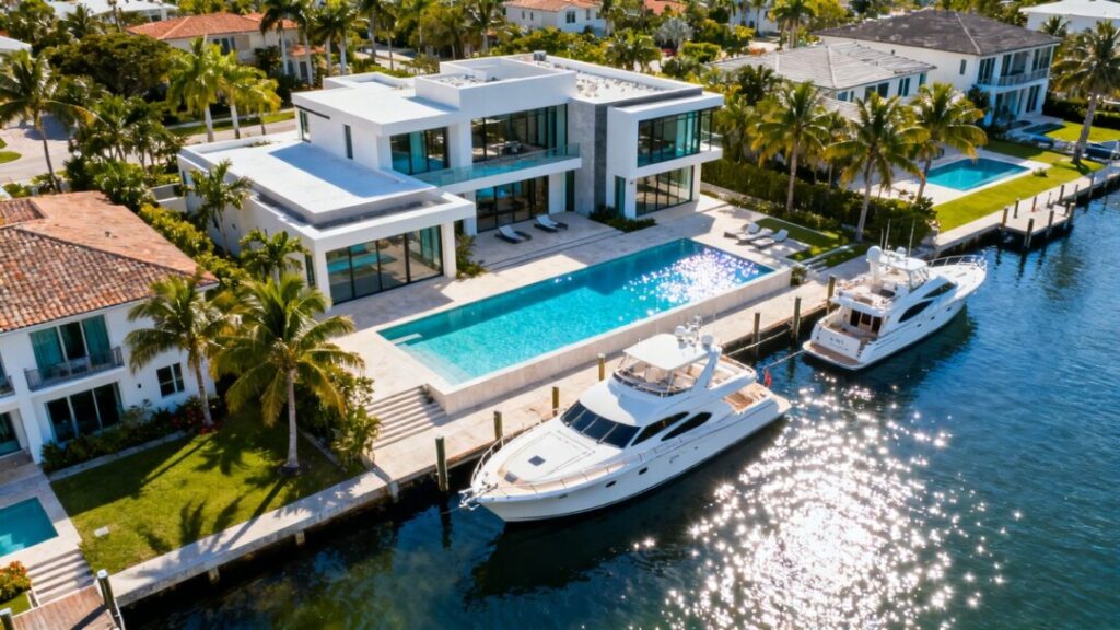Florida waterfront mansions with yachts and palm trees