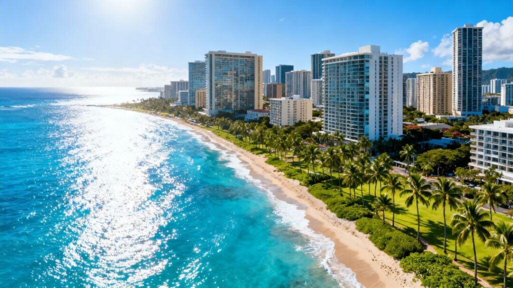 Miami skyline and coastline with palm trees.