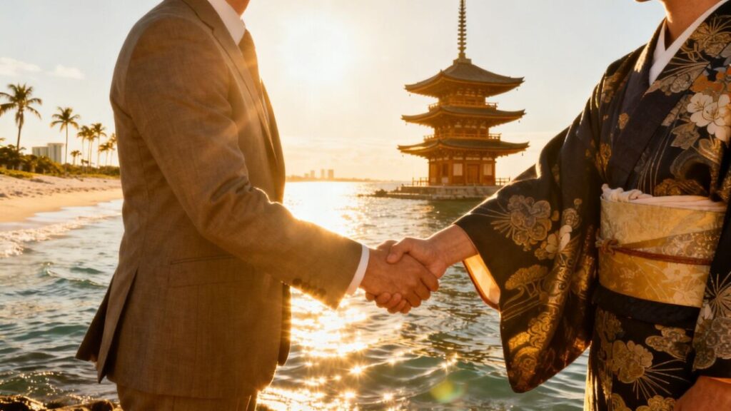 Florida and Japan business leaders shaking hands.