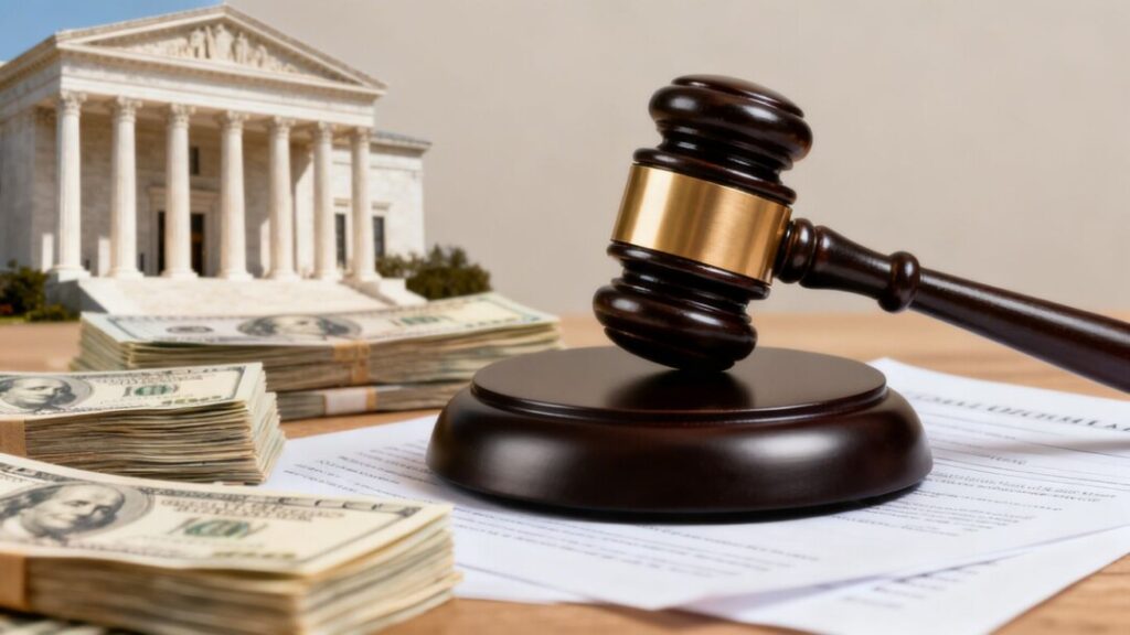 Gavel, money, and legal documents in a courtroom setting.