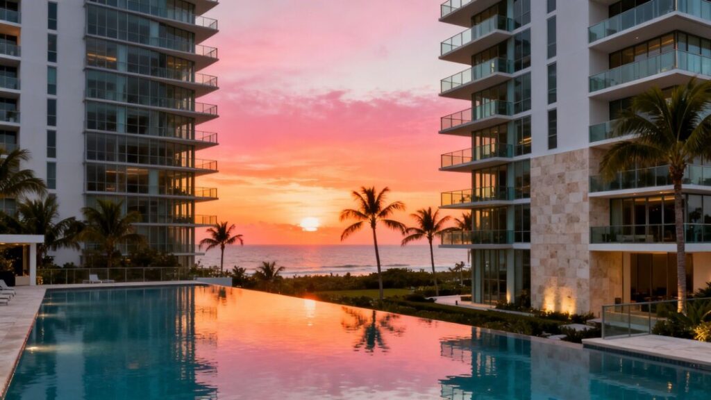 Luxury West Palm Beach residences with palm trees and pool