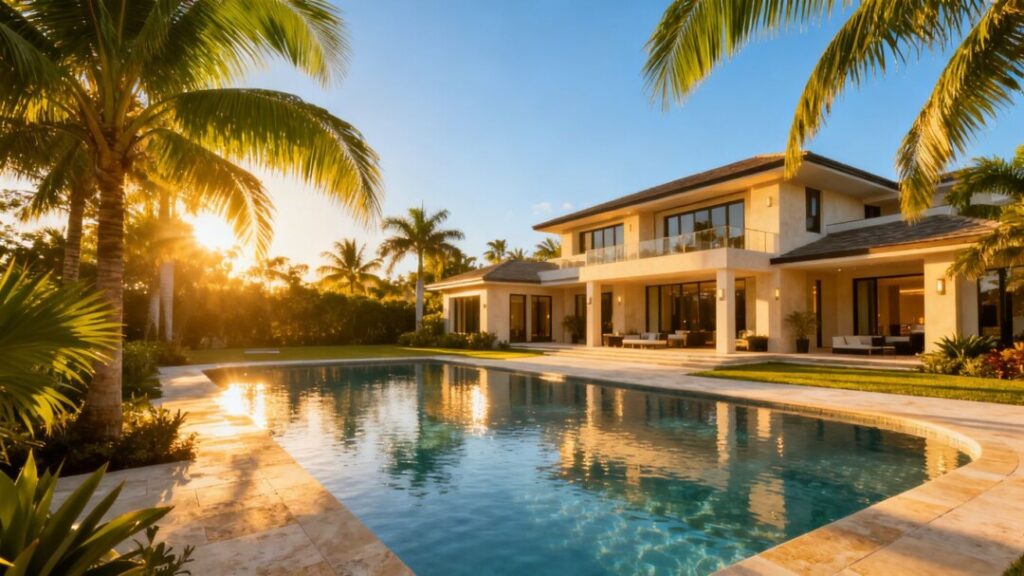 Luxury South Florida mansion with pool and palm trees.