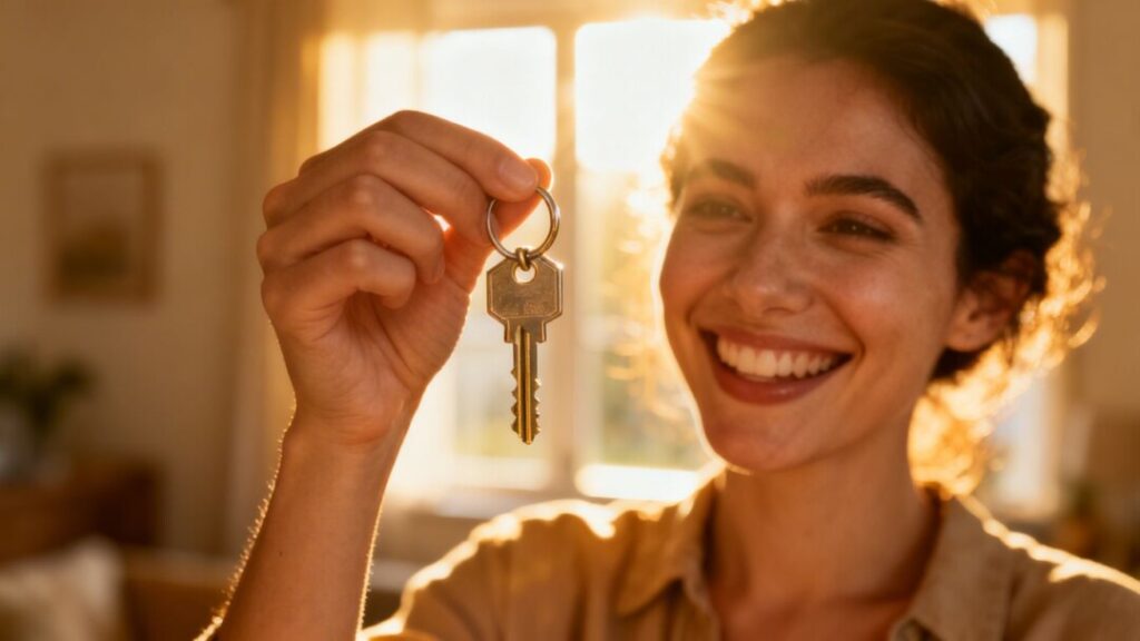 Person holding house key, happy about refinancing mortgage.
