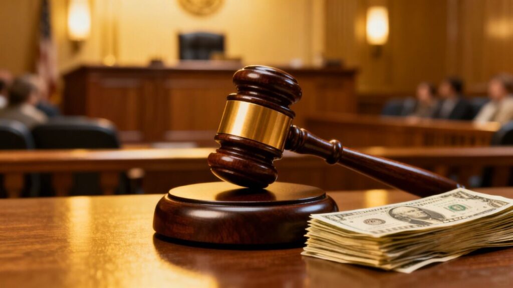 Gavel striking block with money, legal settlement.