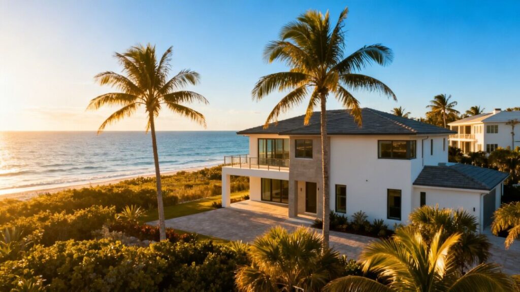 Florida coastline with homes and ocean.