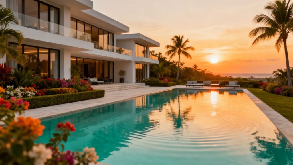 Luxury South Florida mansion at sunset with pool.