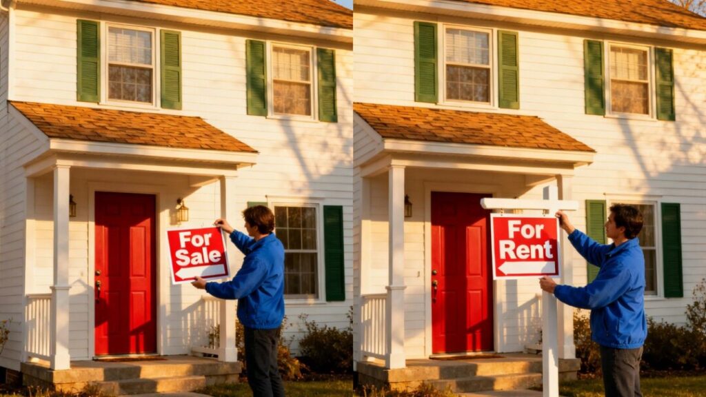 Homeowner swaps 'For Sale' sign for 'For Rent' sign.