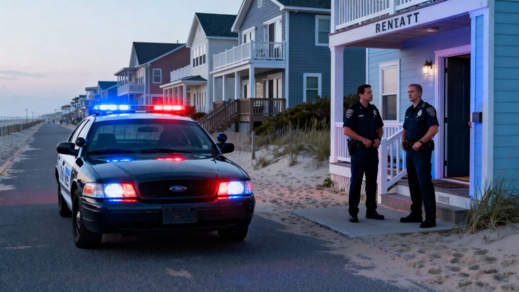 Police cars near beach rental homes.