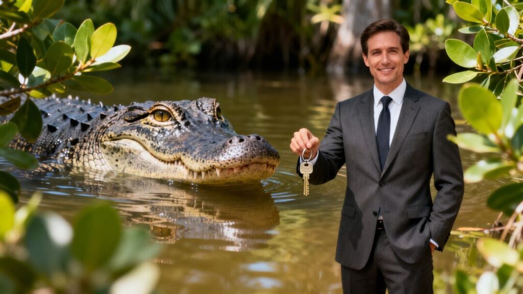 Realtor with alligator in Florida swamp.