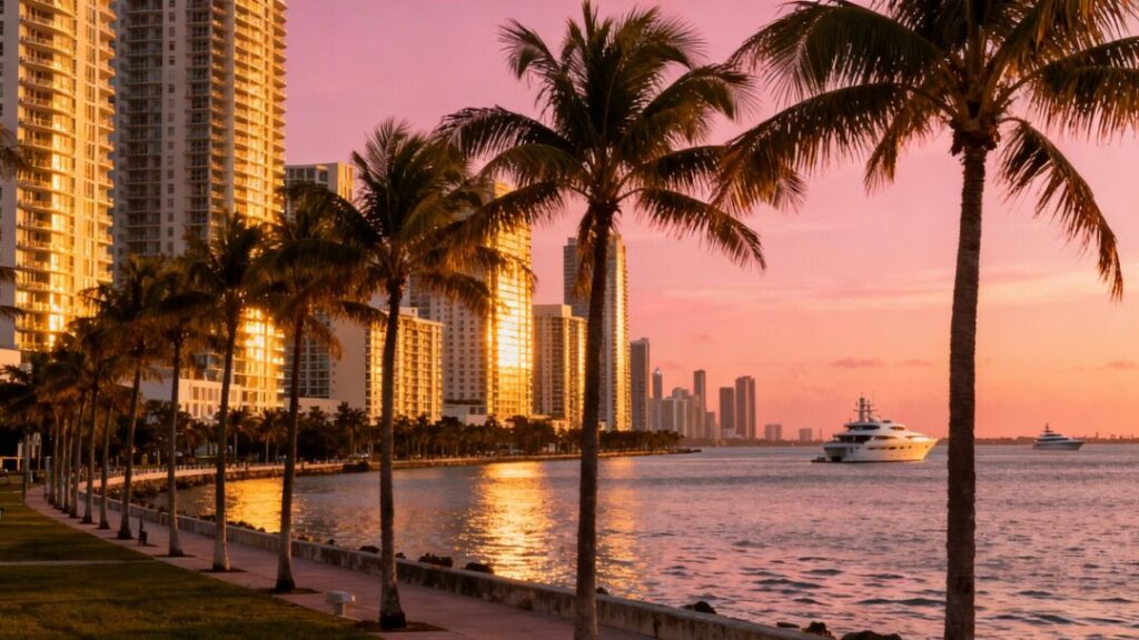 Miami skyline with luxury condos and ocean views.