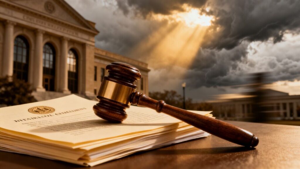 Gavel on documents with courthouse in background.