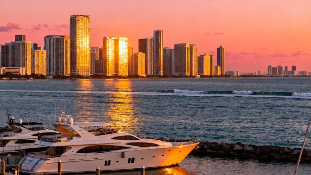 Miami skyline with luxury buildings and ocean.