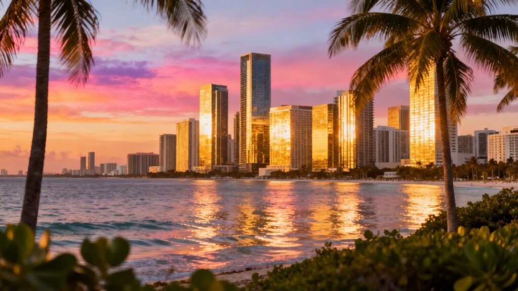 Miami Beach skyline at sunset with palm trees.