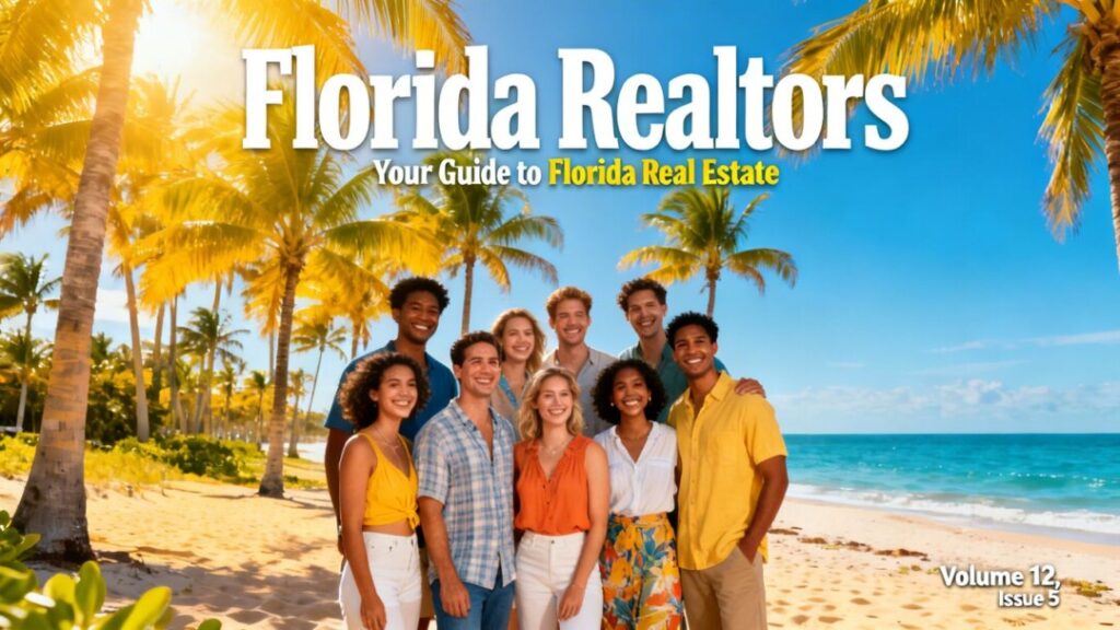 Florida Realtors magazine cover with diverse people and Florida scenery.
