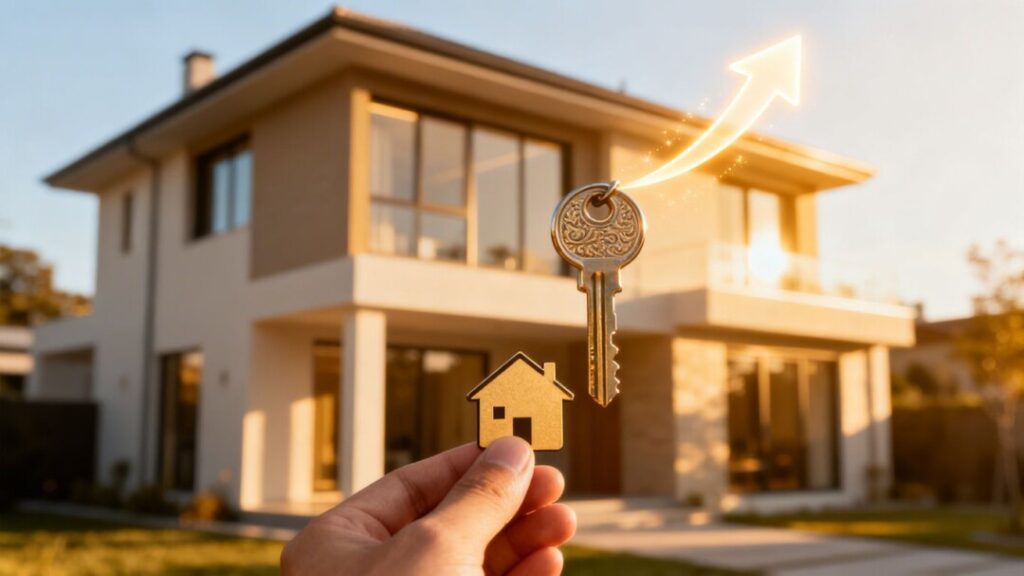House with key and upward arrow, symbolizing affordability.