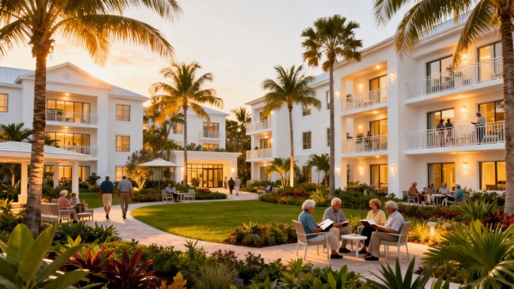 Florida senior living facility with palm trees and gardens