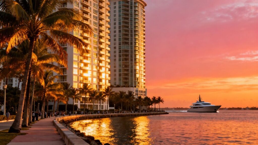 Miami skyline with luxury condos and palm trees.