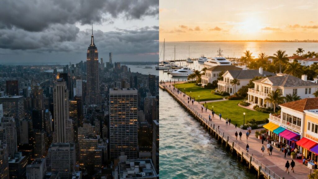 New York unease contrasts with Florida real estate boom.