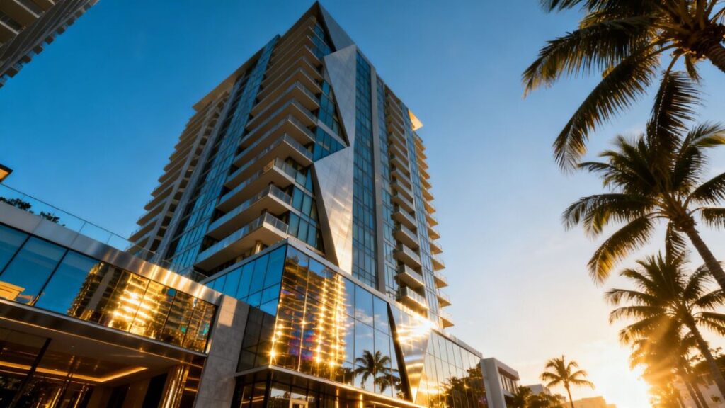 Luxury condo tower in Miami against a blue sky.