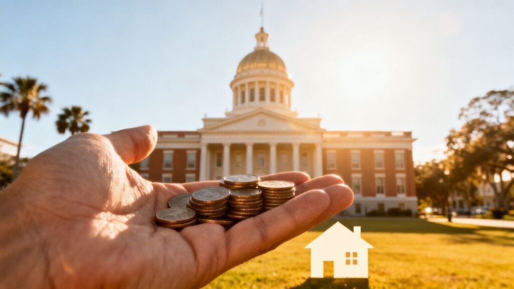 Florida capitol building with coins and house silhouette.