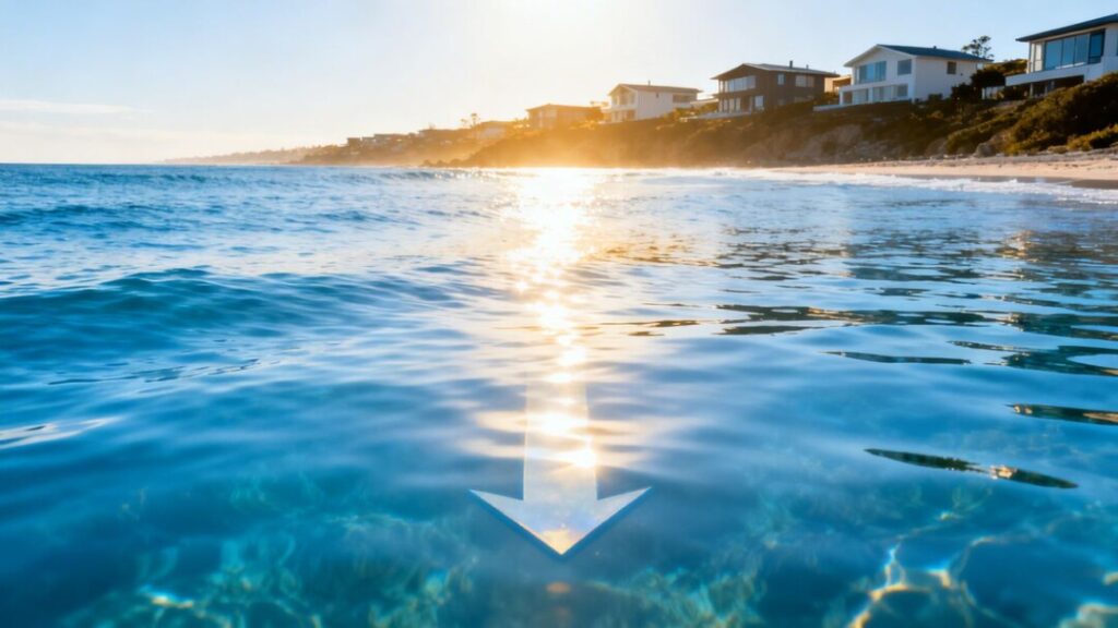 Florida coast with houses and ocean reflection.