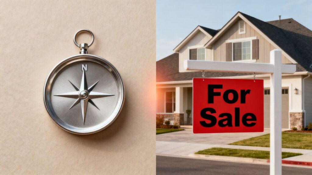 Compass and house merge, symbolizing real estate partnership.