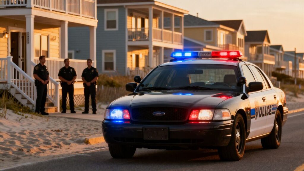Police cars near beach rental homes.