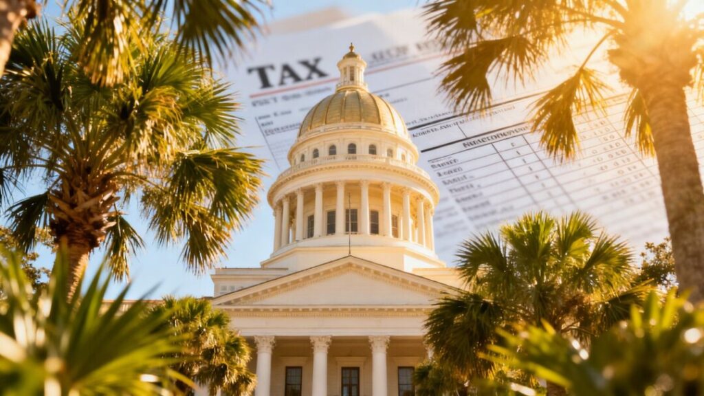 Florida Capitol building with palm trees and tax document hint.