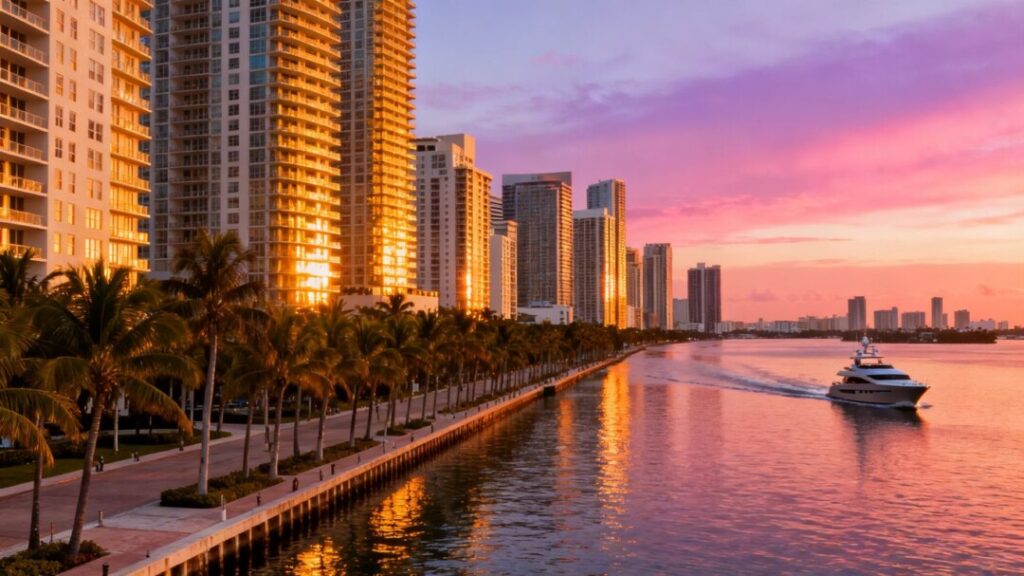 Miami skyline with luxury condos and palm trees.