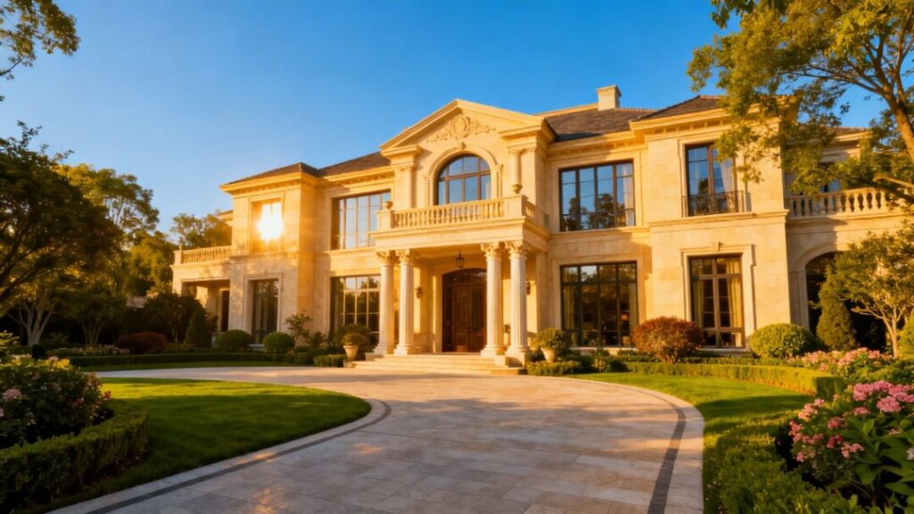 Palm Beach mansion with lush landscaping and blue sky.