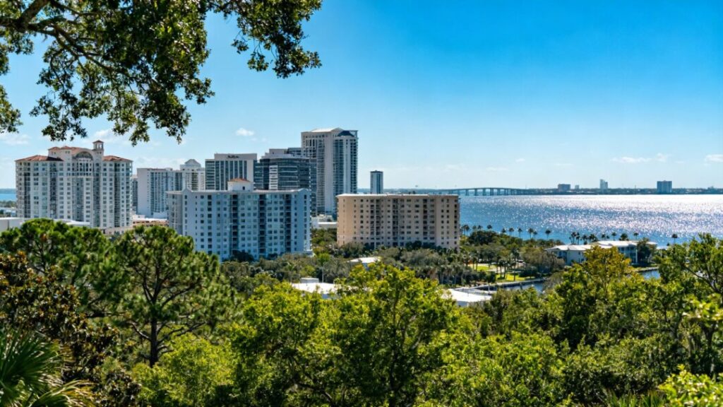 Tampa Bay skyline with new housing developments and greenery.