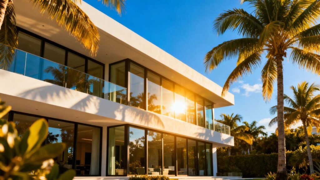 Oasis Hallandale luxury building exterior with palm trees.