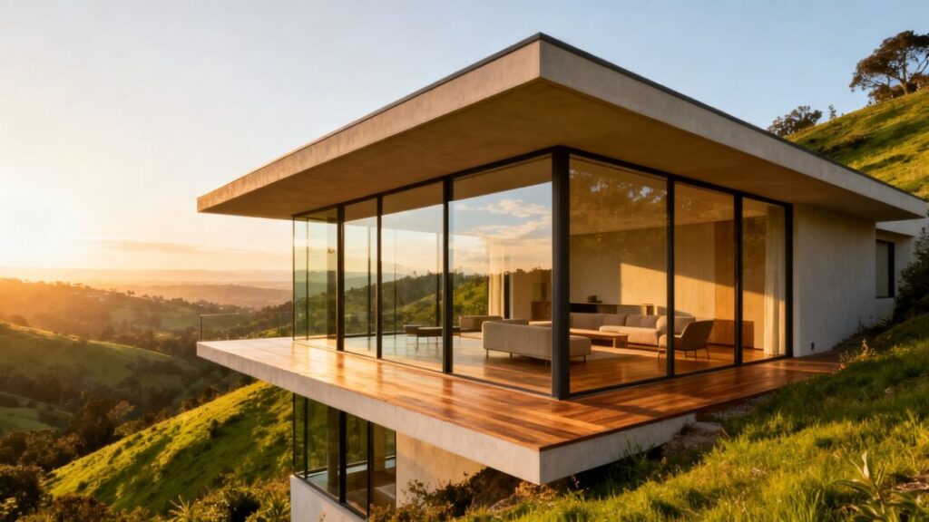 Glass-walled mid-century modern house with panoramic views.