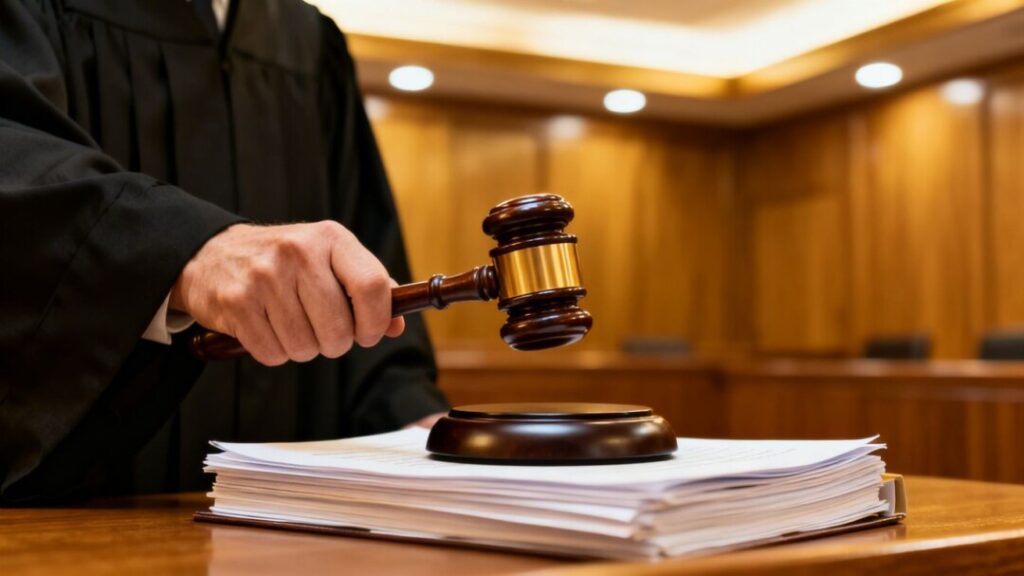 Judge's gavel striking legal documents in courtroom.