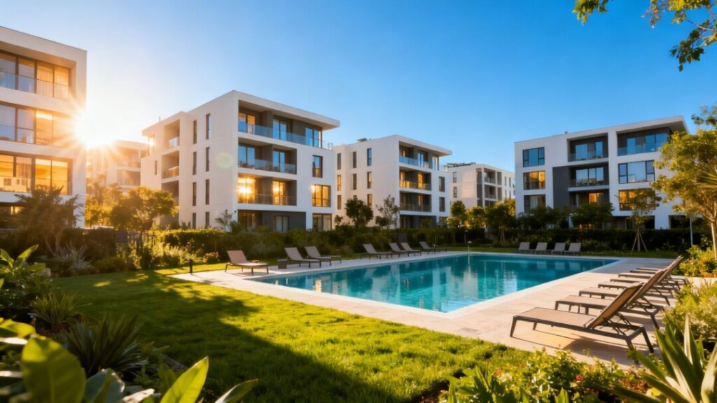 Modern apartment complex with buildings, landscaping, and pool.