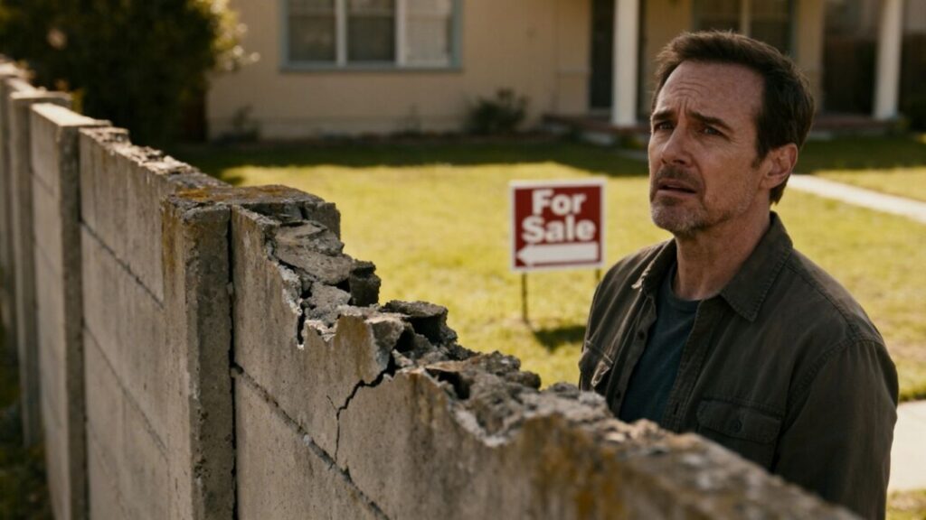 Concrete fence on a property for sale.