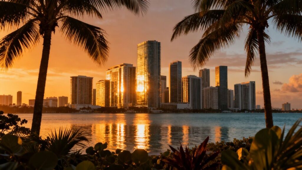 Miami skyline with ocean and palm trees.