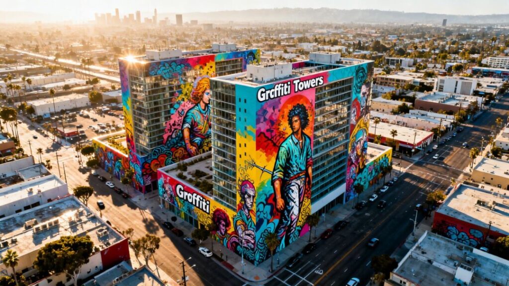 Colorful Graffiti Towers in Los Angeles urban landscape.