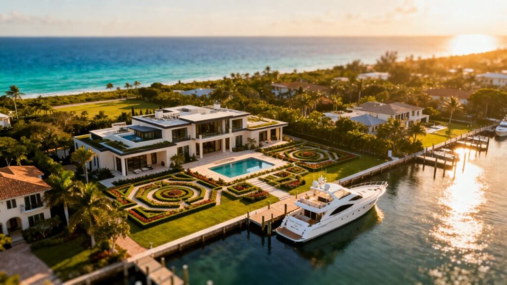 Luxury Florida waterfront estate with mansion and marina.