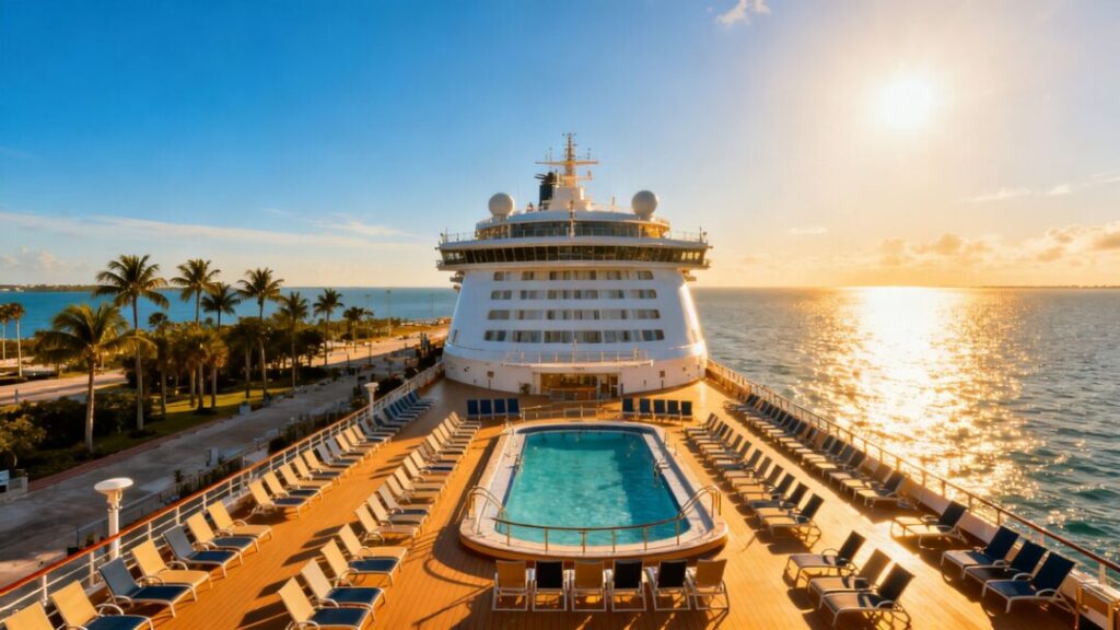 Cruise ship docked in Florida with palm trees and ocean.