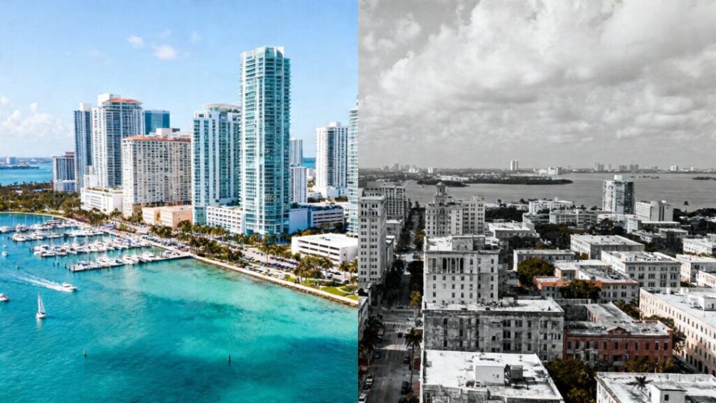 Miami skyline split, showing contrasting market trends.