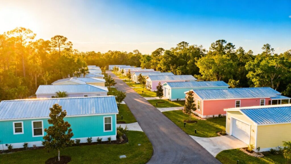 Mobile homes in a sunny Florida neighborhood.