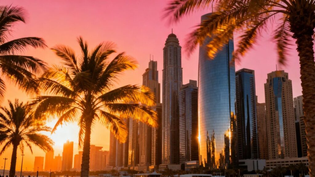 South Florida cityscape with skyscrapers and palm trees.