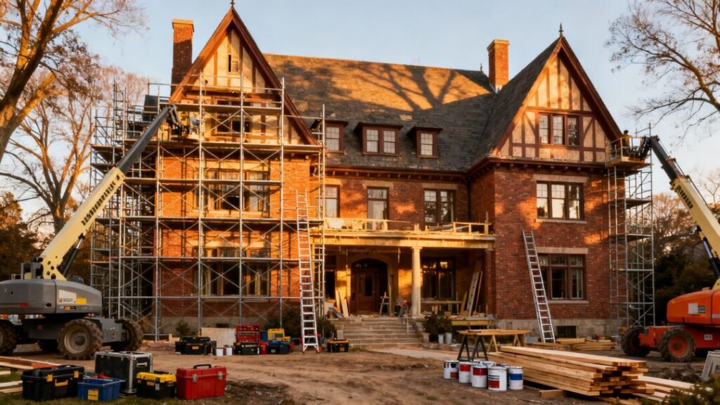 Home Alone mansion undergoing major renovation with scaffolding.