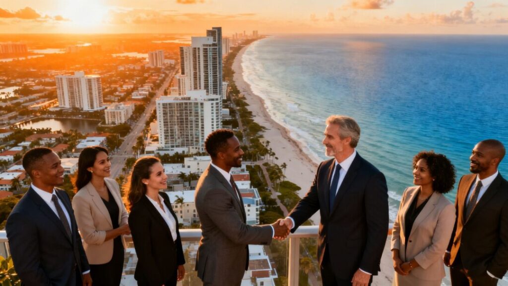 South Florida real estate professionals unite overlooking coastline.