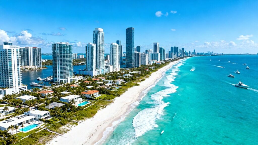 Miami skyline with ocean, beaches, and yachts.