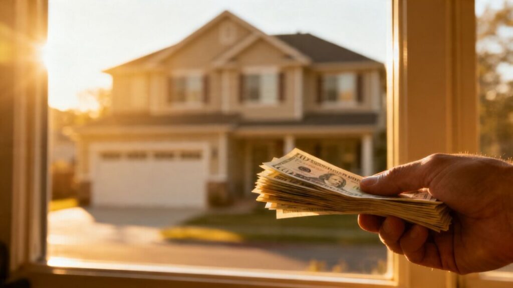 Homeowner holding mortgage bills with house in background.