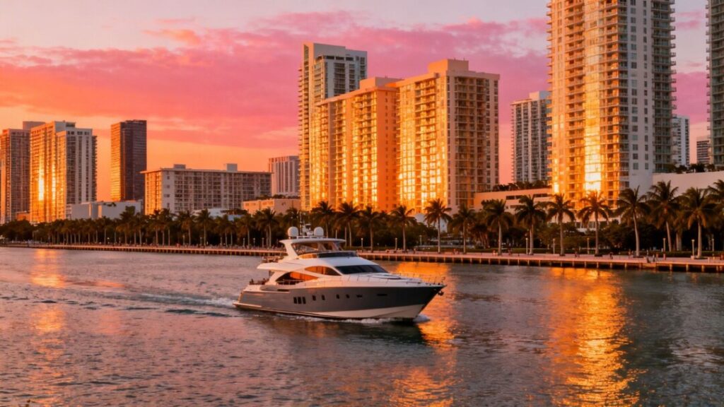 Miami skyline with luxury condos and a yacht.